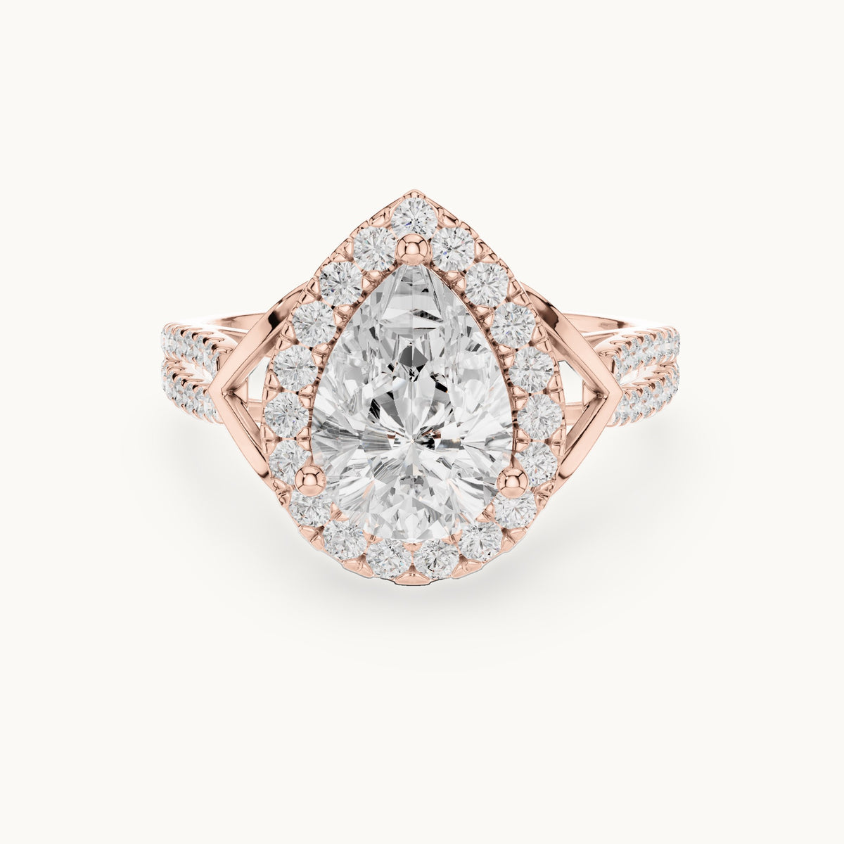 Pear and round lab-grown diamond halo engagement ring with pavé band in rose gold, 2.344 CT TW, view 4