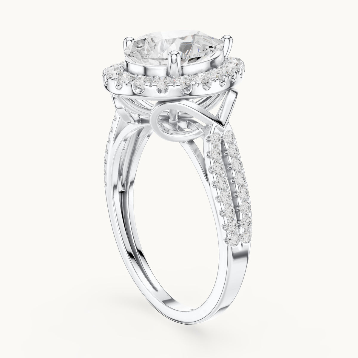 Pear and round lab-grown diamond halo engagement ring with pavé band in white gold, 2.344 CT TW, view 1