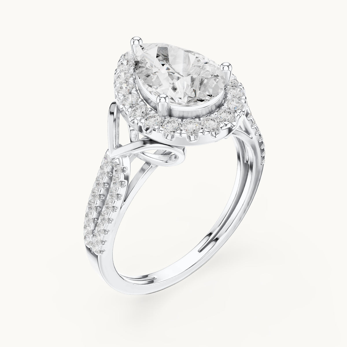 Pear and round lab-grown diamond halo engagement ring with pavé band in white gold, 2.344 CT TW, view 2