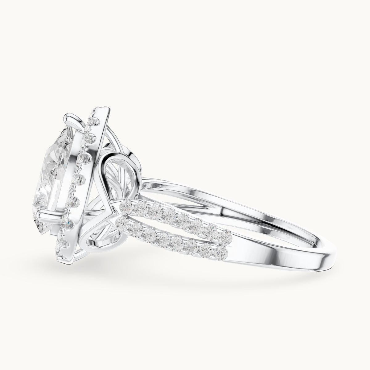 Pear and round lab-grown diamond halo engagement ring with pavé band in white gold, 2.344 CT TW, view 3