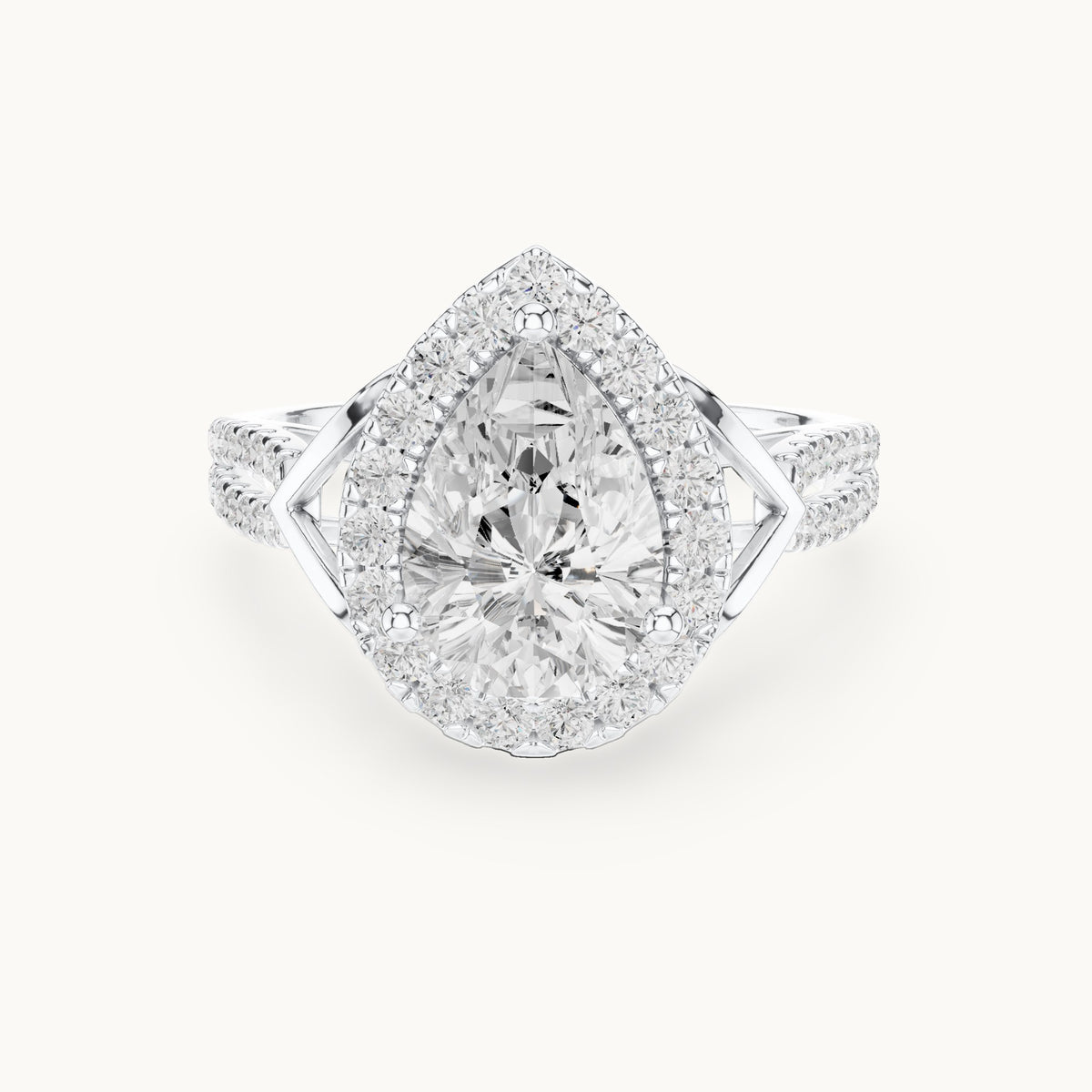 Pear and round lab-grown diamond halo engagement ring with pavé band in white gold, 2.344 CT TW, view 4