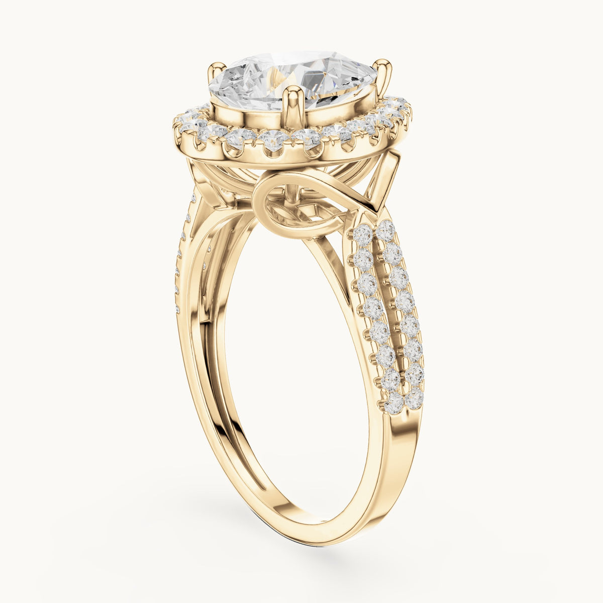 Pear and round lab-grown diamond halo engagement ring with pavé band in yellow gold, 2.344 CT TW, view 1