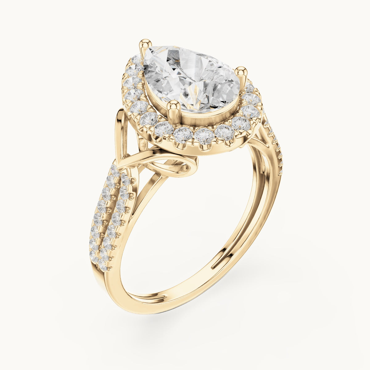 Pear and round lab-grown diamond halo engagement ring with pavé band in yellow gold, 2.344 CT TW, view 2
