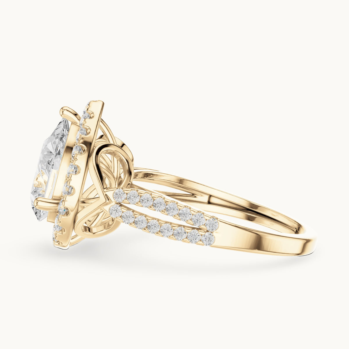 Pear and round lab-grown diamond halo engagement ring with pavé band in yellow gold, 2.344 CT TW, view 3