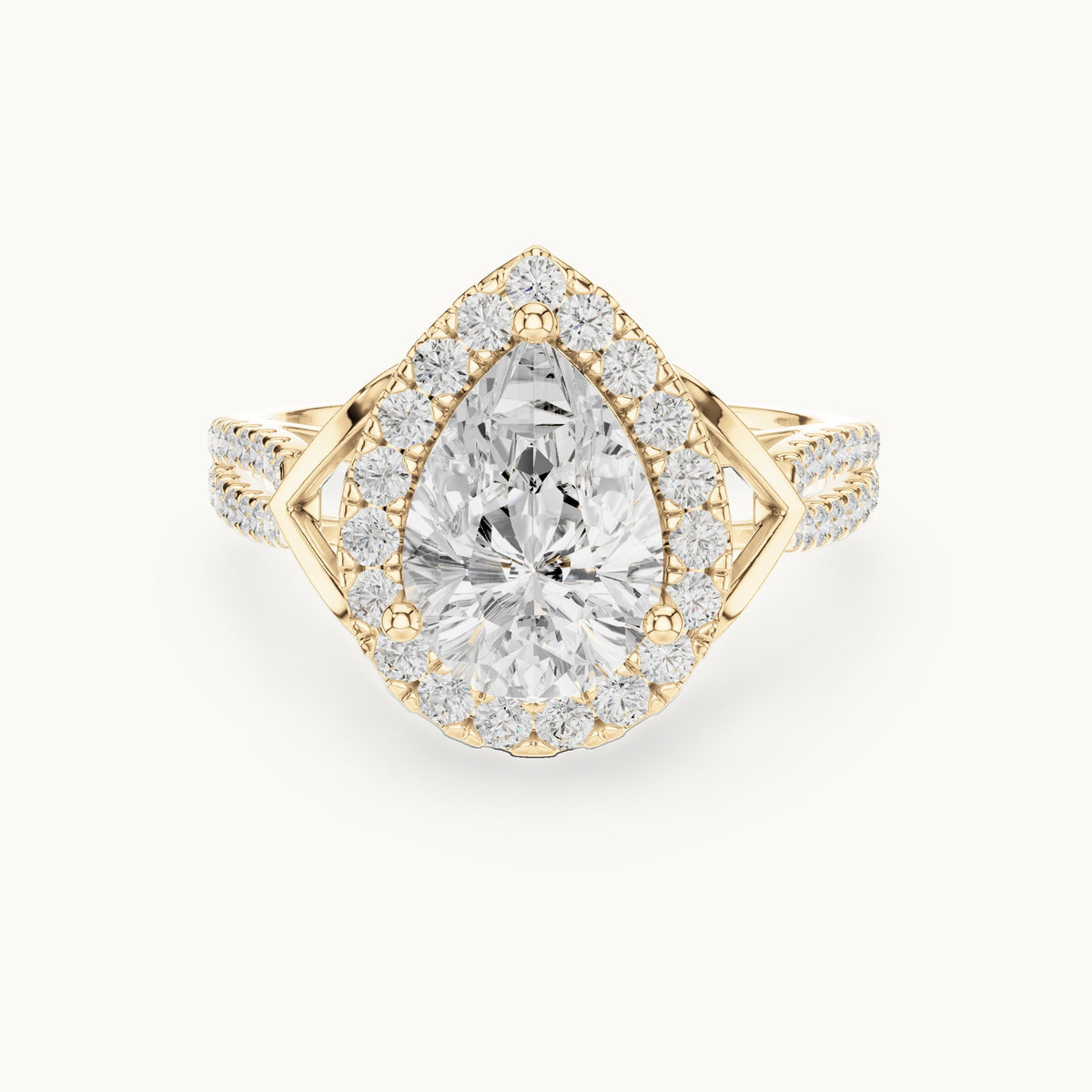 Pear and round lab-grown diamond halo engagement ring with pavé band in yellow gold, 2.344 CT TW, view 4