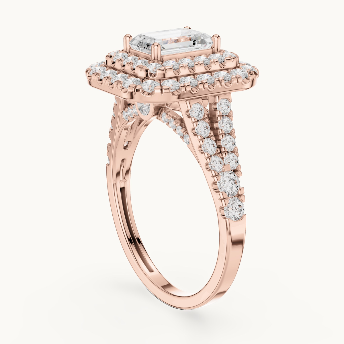 Emerald-cut lab-grown diamond double halo engagement ring in 14K rose gold, 2.50 CT TW, view 1