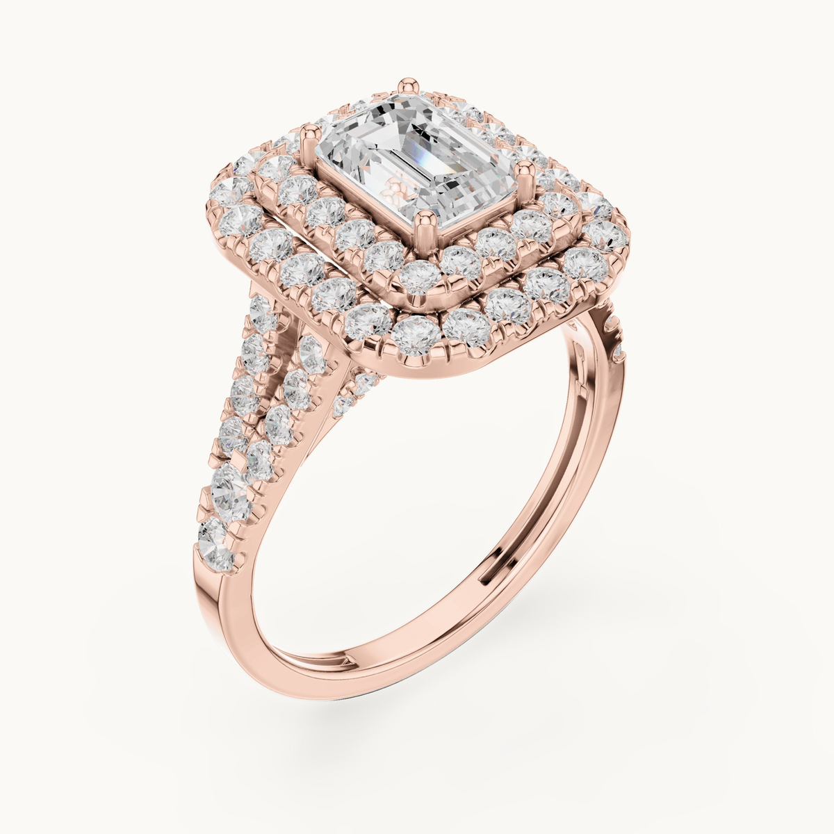 Emerald-cut lab-grown diamond double halo engagement ring in 14K rose gold, 2.50 CT TW, view 2
