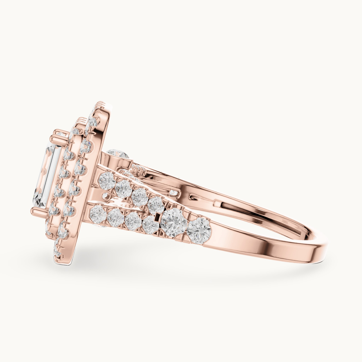 Emerald-cut lab-grown diamond double halo engagement ring in 14K rose gold, 2.50 CT TW, view 3