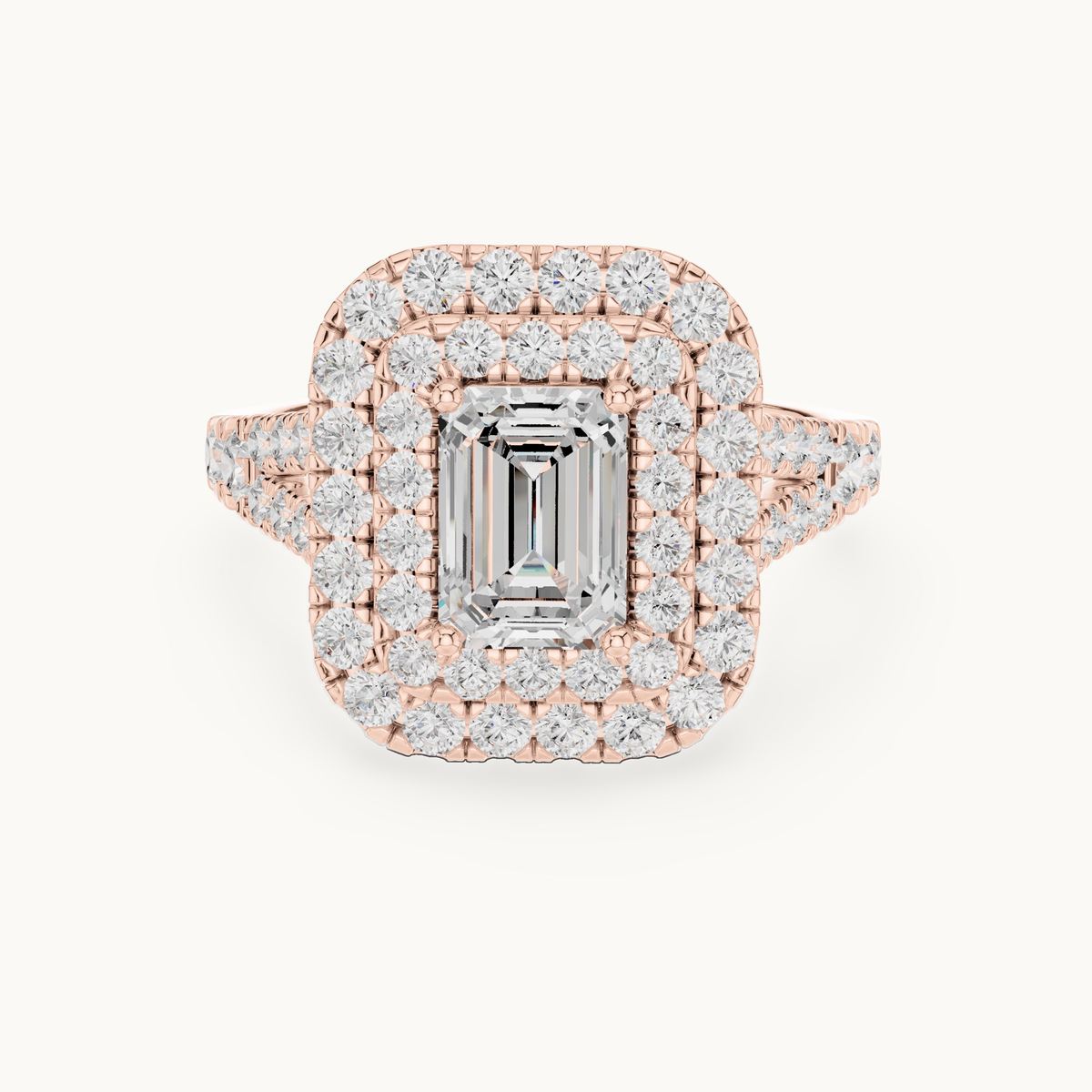 Emerald-cut lab-grown diamond double halo engagement ring in 14K rose gold, 2.50 CT TW, view 4