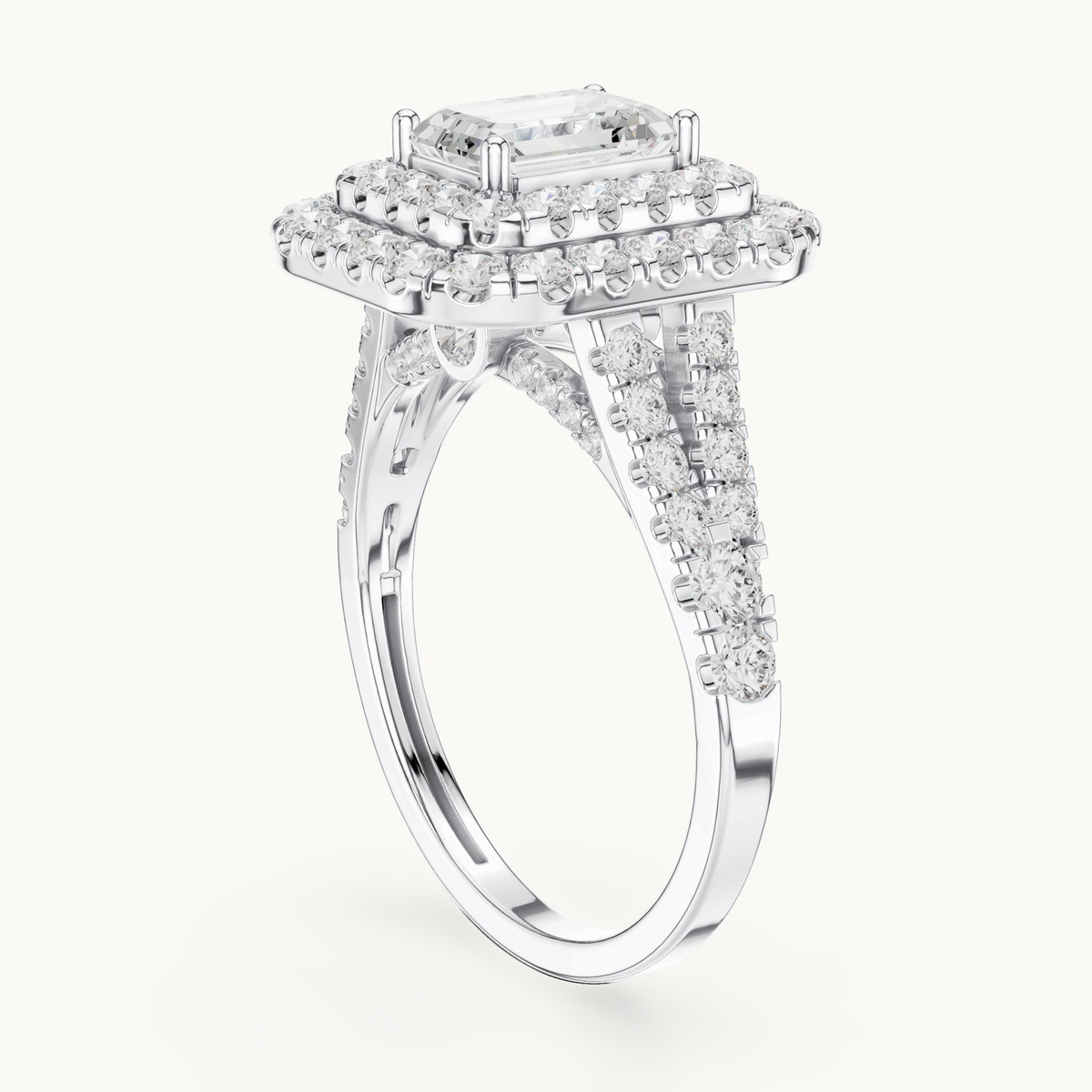 Emerald-cut lab-grown diamond double halo engagement ring in 14K white gold, 2.50 CT TW, view 1
