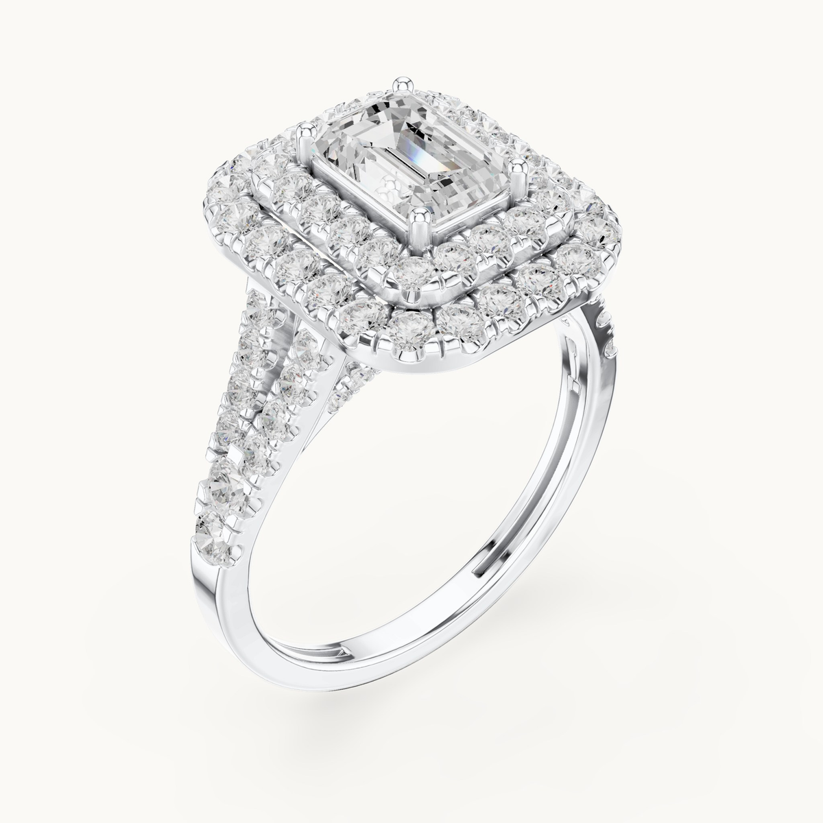 Emerald-cut lab-grown diamond double halo engagement ring in 14K white gold, 2.50 CT TW, view 2