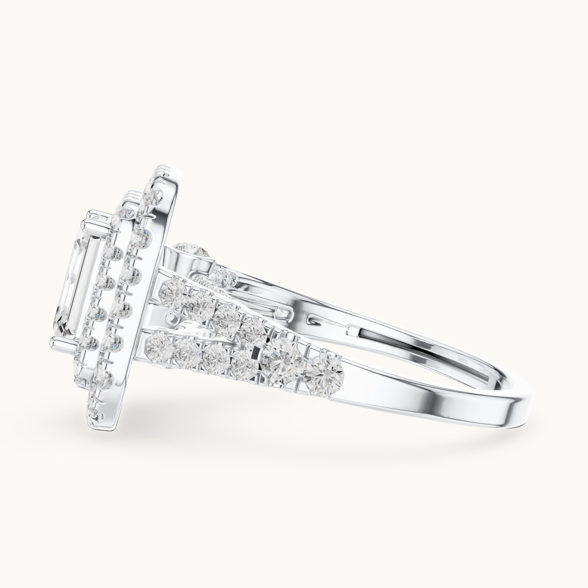 Emerald-cut lab-grown diamond double halo engagement ring in 14K white gold, 2.50 CT TW, view 3