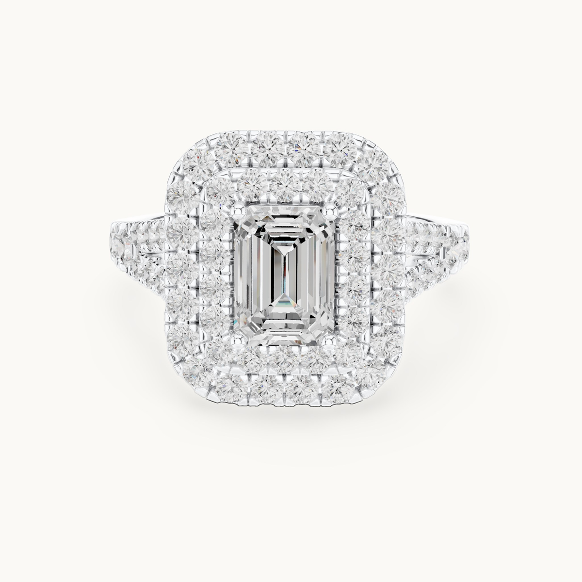 Emerald-cut lab-grown diamond double halo engagement ring in 14K white gold, 2.50 CT TW, view 4