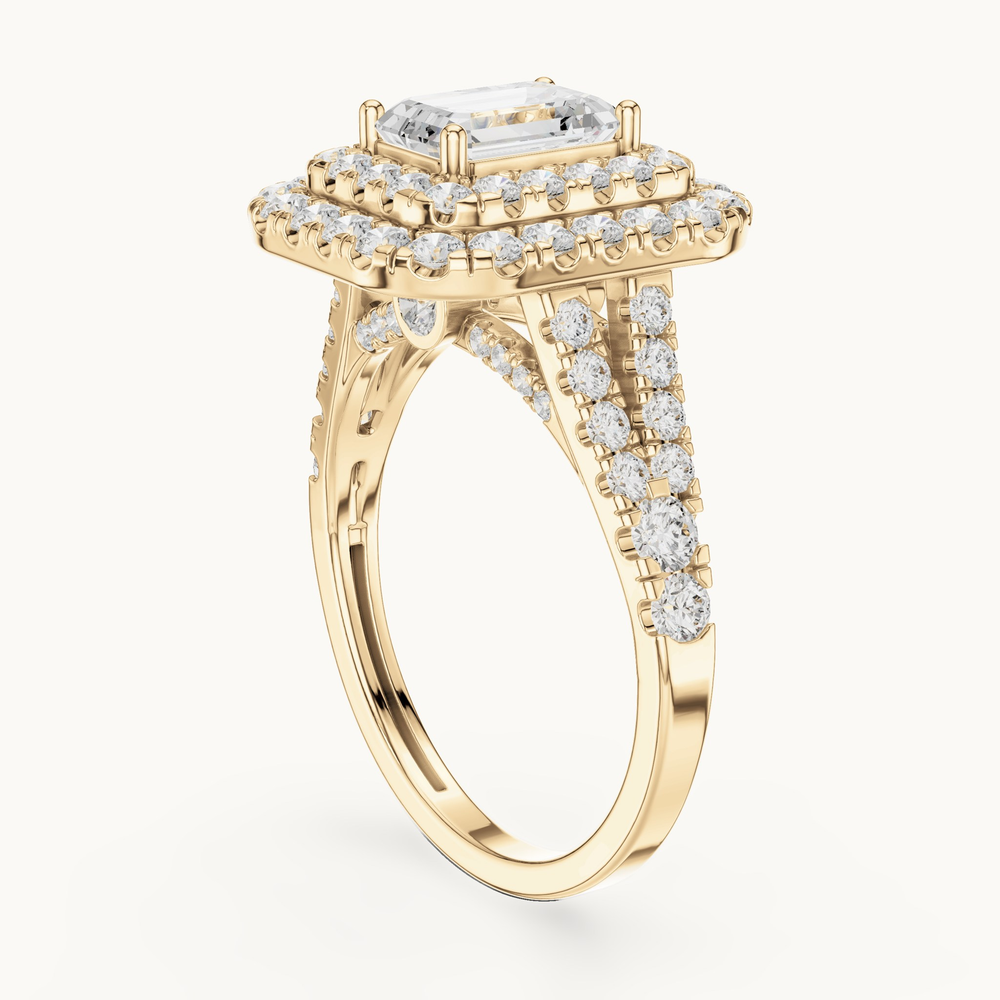 Emerald-cut lab-grown diamond double halo engagement ring in 14K yellow gold, 2.50 CT TW, view 1
