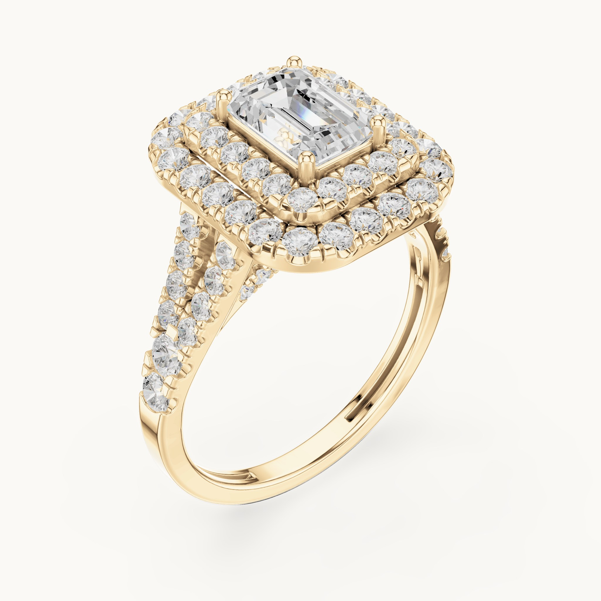 Emerald-cut lab-grown diamond double halo engagement ring in 14K yellow gold, 2.50 CT TW, view 2