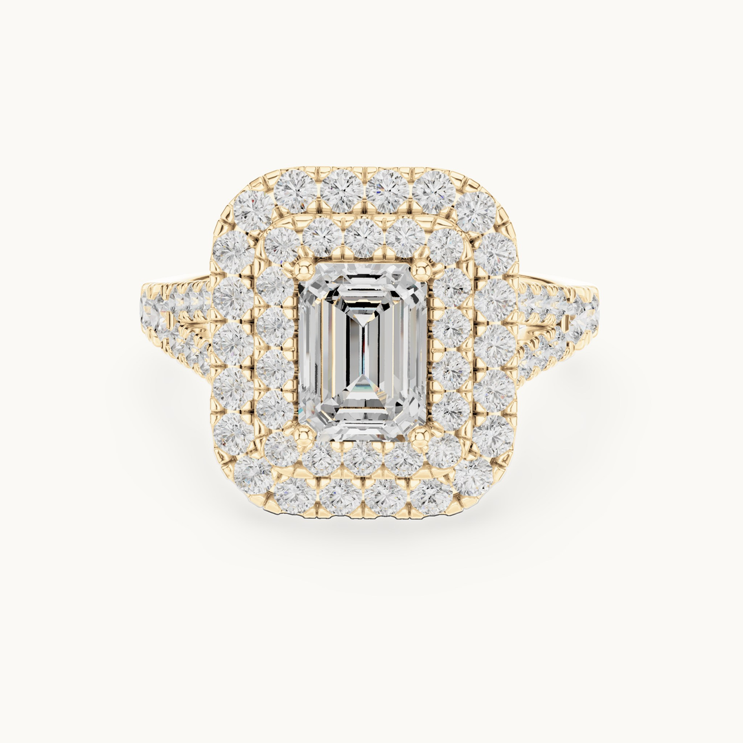 Emerald-cut lab-grown diamond double halo engagement ring in 14K yellow gold, 2.50 CT TW, view 4