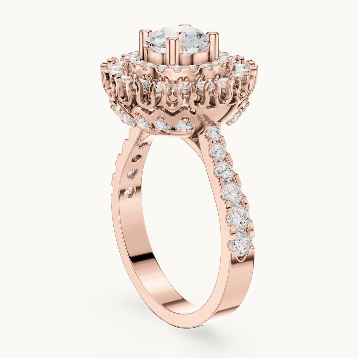 Round lab-grown diamond double halo engagement ring in rose gold, 1.94 CT TW, view 1