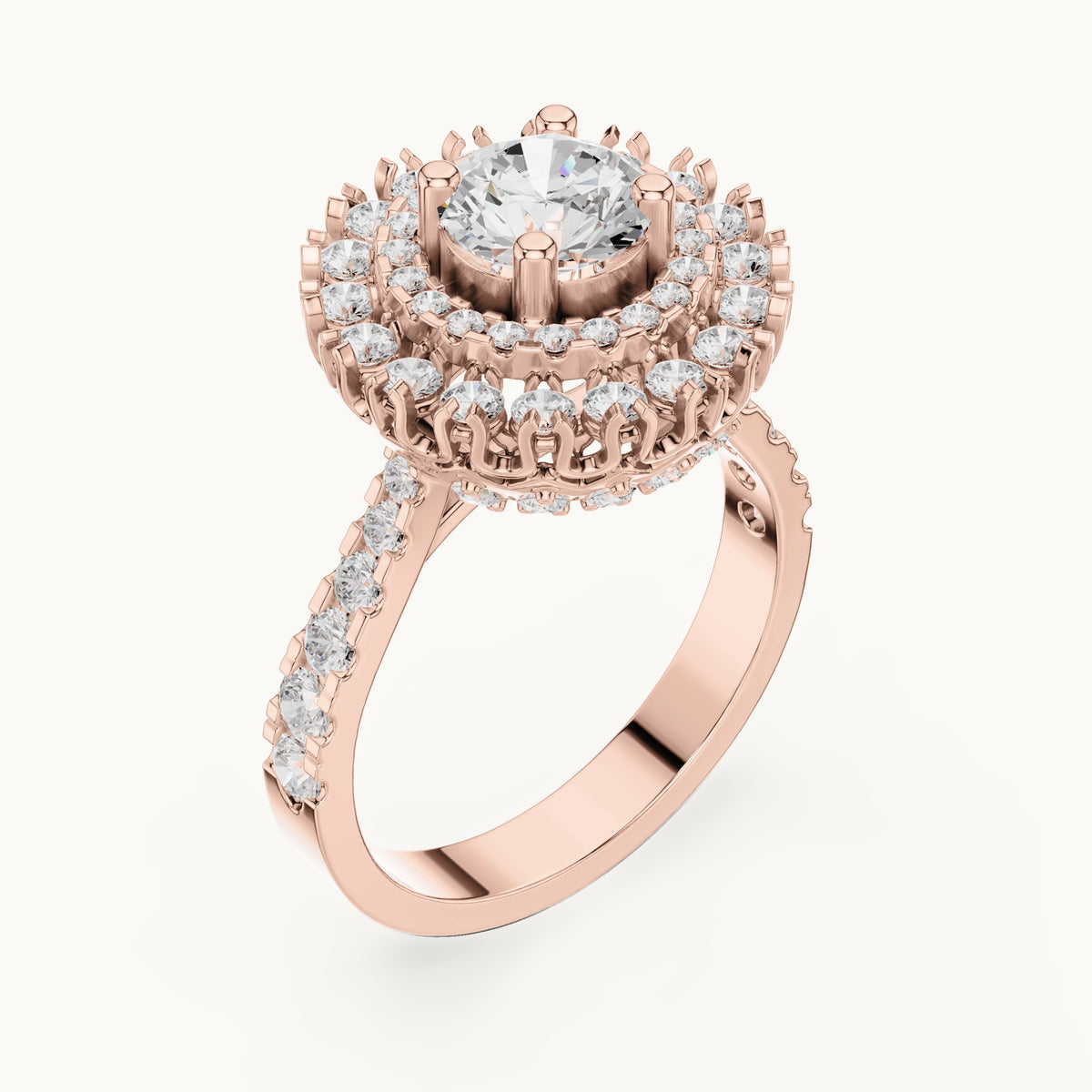 Round lab-grown diamond double halo engagement ring in rose gold, 1.94 CT TW, view 2