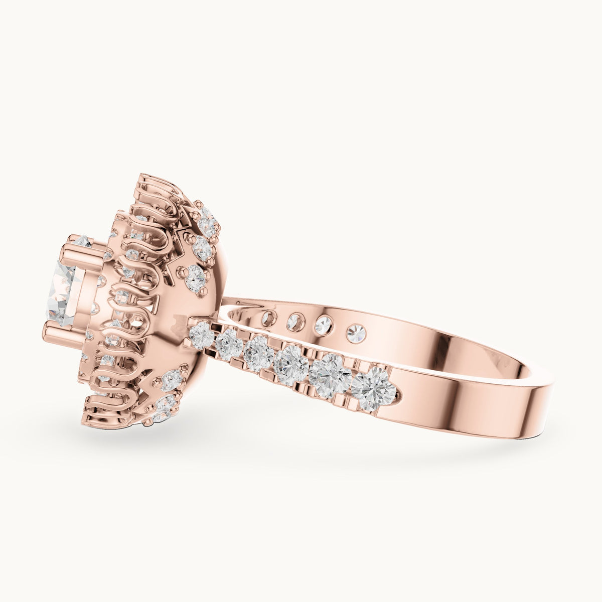 Round lab-grown diamond double halo engagement ring in rose gold, 1.94 CT TW, view 3