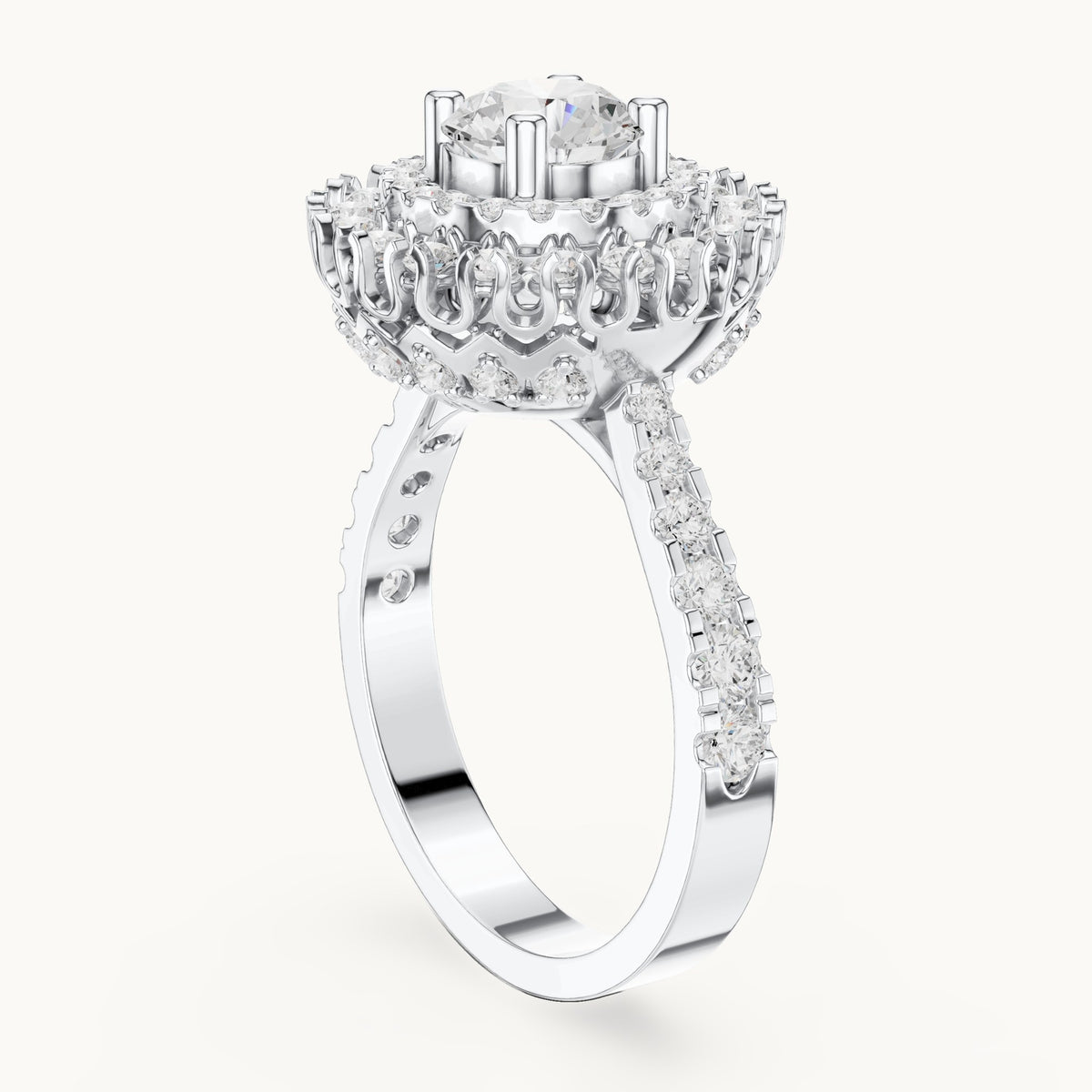 Round lab-grown diamond double halo engagement ring in white gold, 1.94 CT TW, view 1