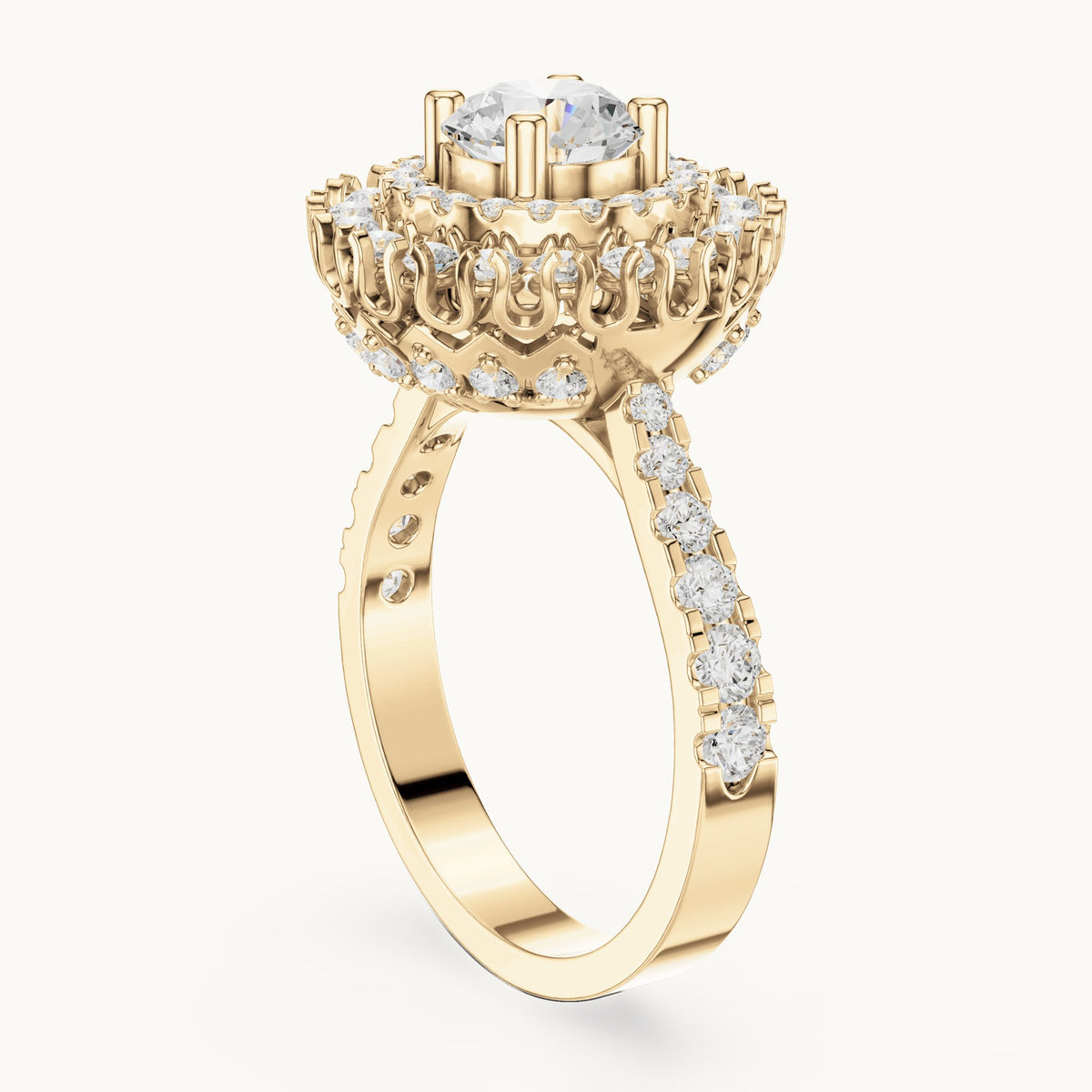 Round lab-grown diamond double halo engagement ring in yellow gold, 1.94 CT TW, view 1