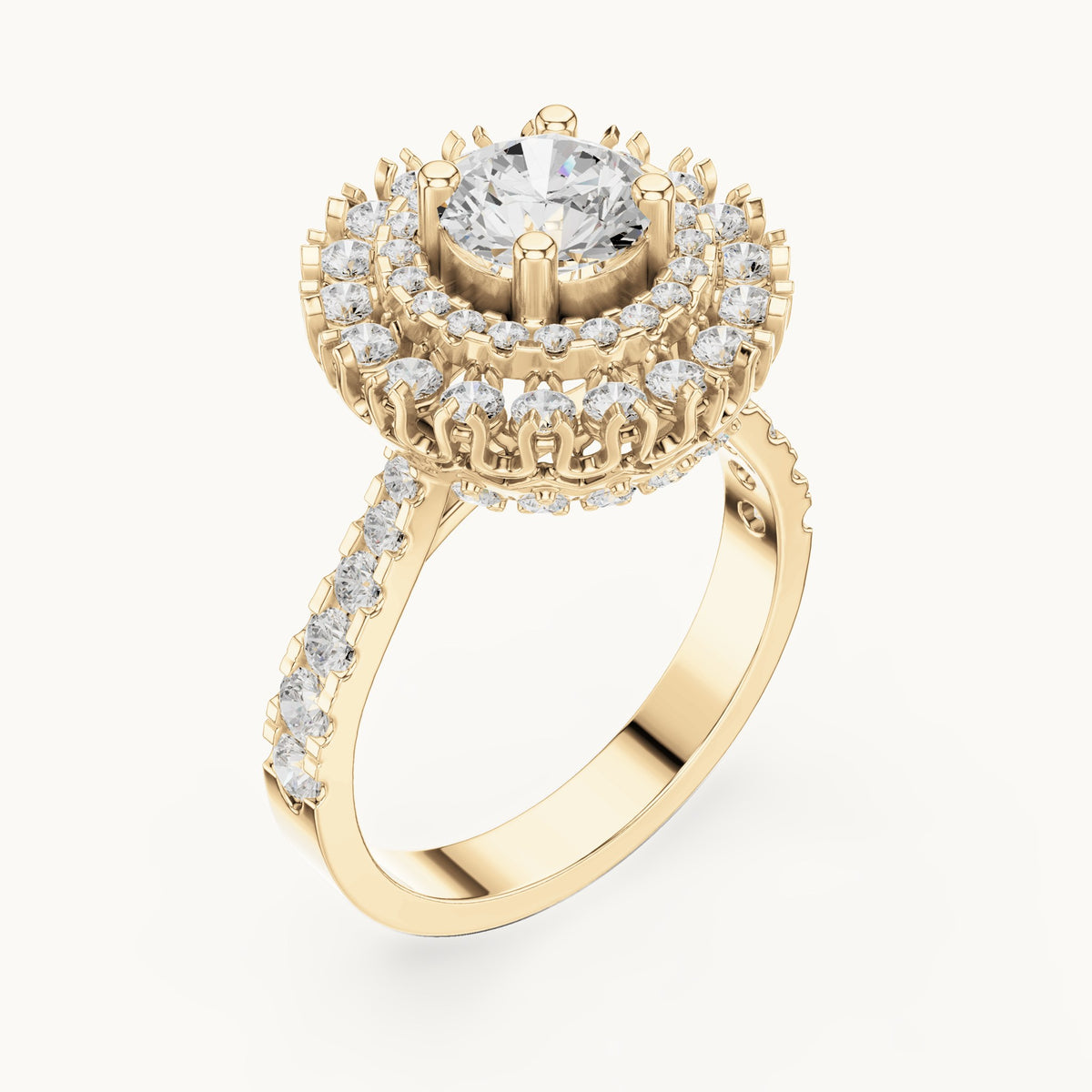 Round lab-grown diamond double halo engagement ring in yellow gold, 1.94 CT TW, view 2