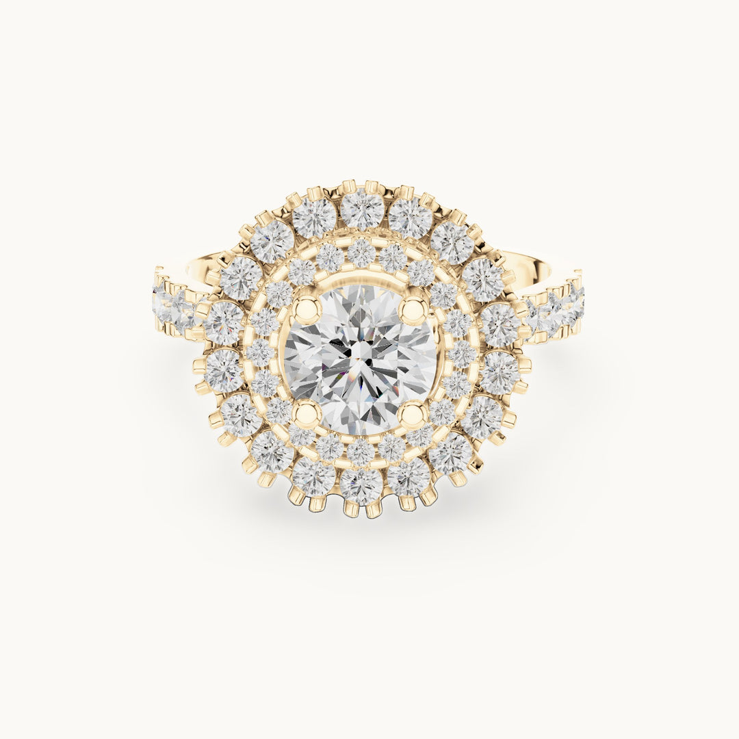 Round lab-grown diamond double halo engagement ring in yellow gold, 1.94 CT TW, view 4