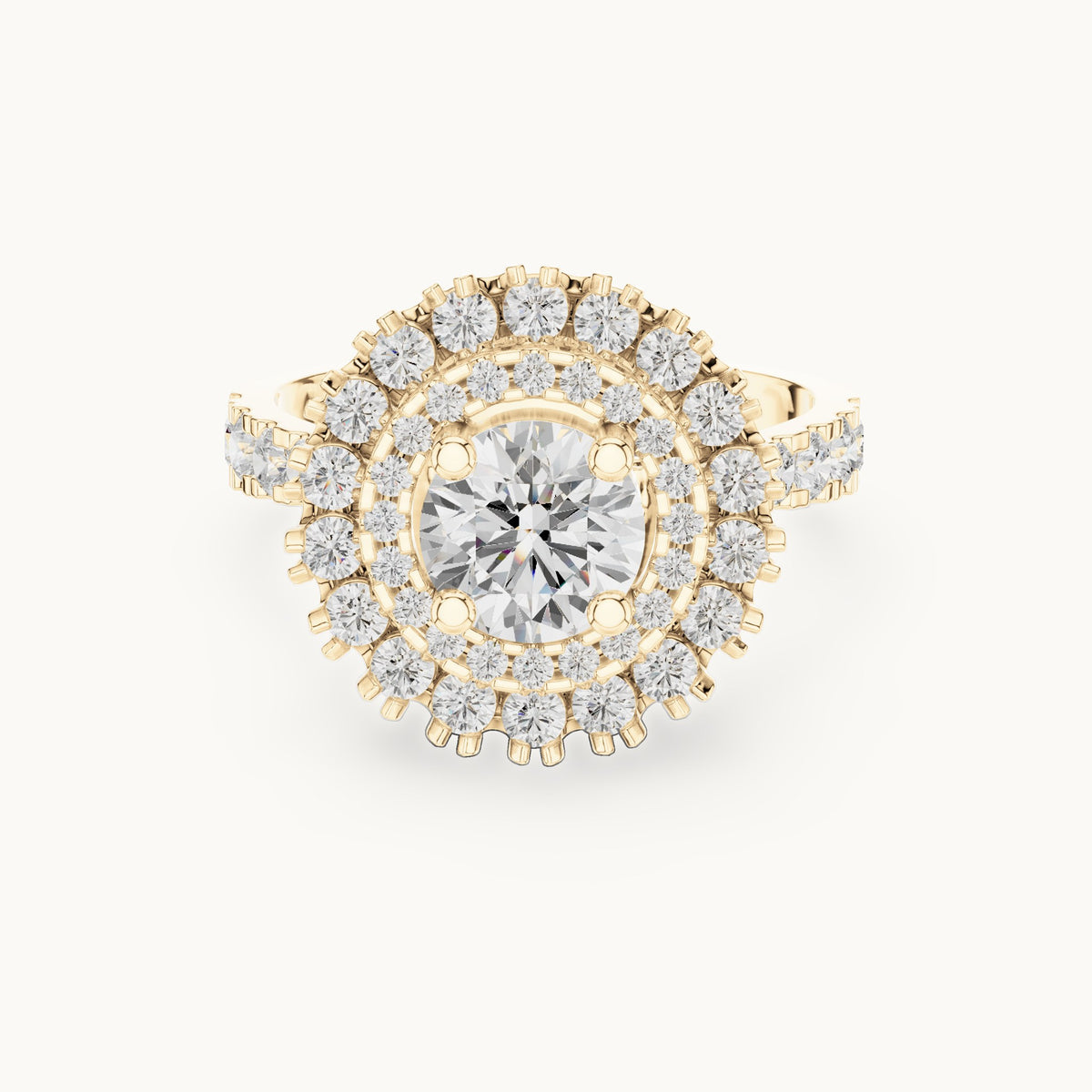 Round lab-grown diamond double halo engagement ring in yellow gold, 1.94 CT TW, view 4
