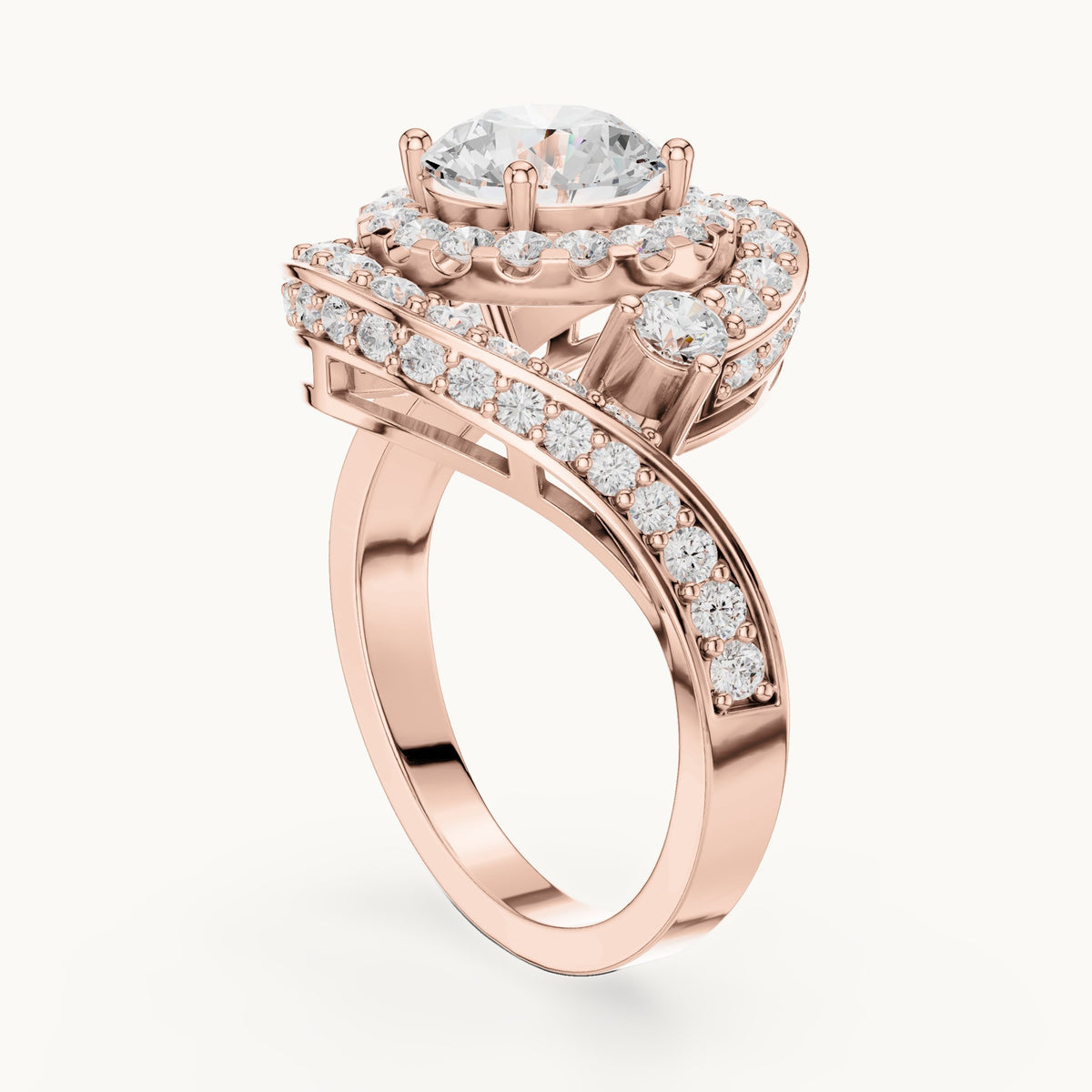 Round lab-grown diamond double halo bypass engagement ring in rose gold, 2.85 CT TW, view 1