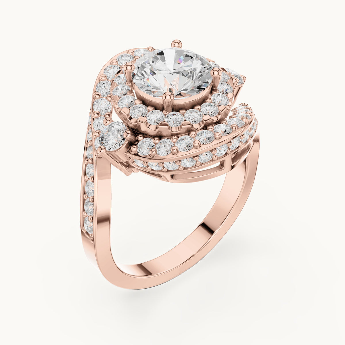 Round lab-grown diamond double halo bypass engagement ring in rose gold, 2.85 CT TW, view 2