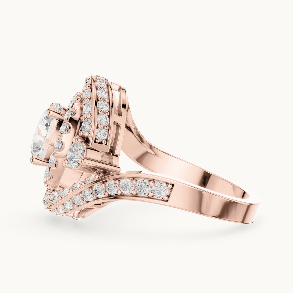 Round lab-grown diamond double halo bypass engagement ring in rose gold, 2.85 CT TW, view 3