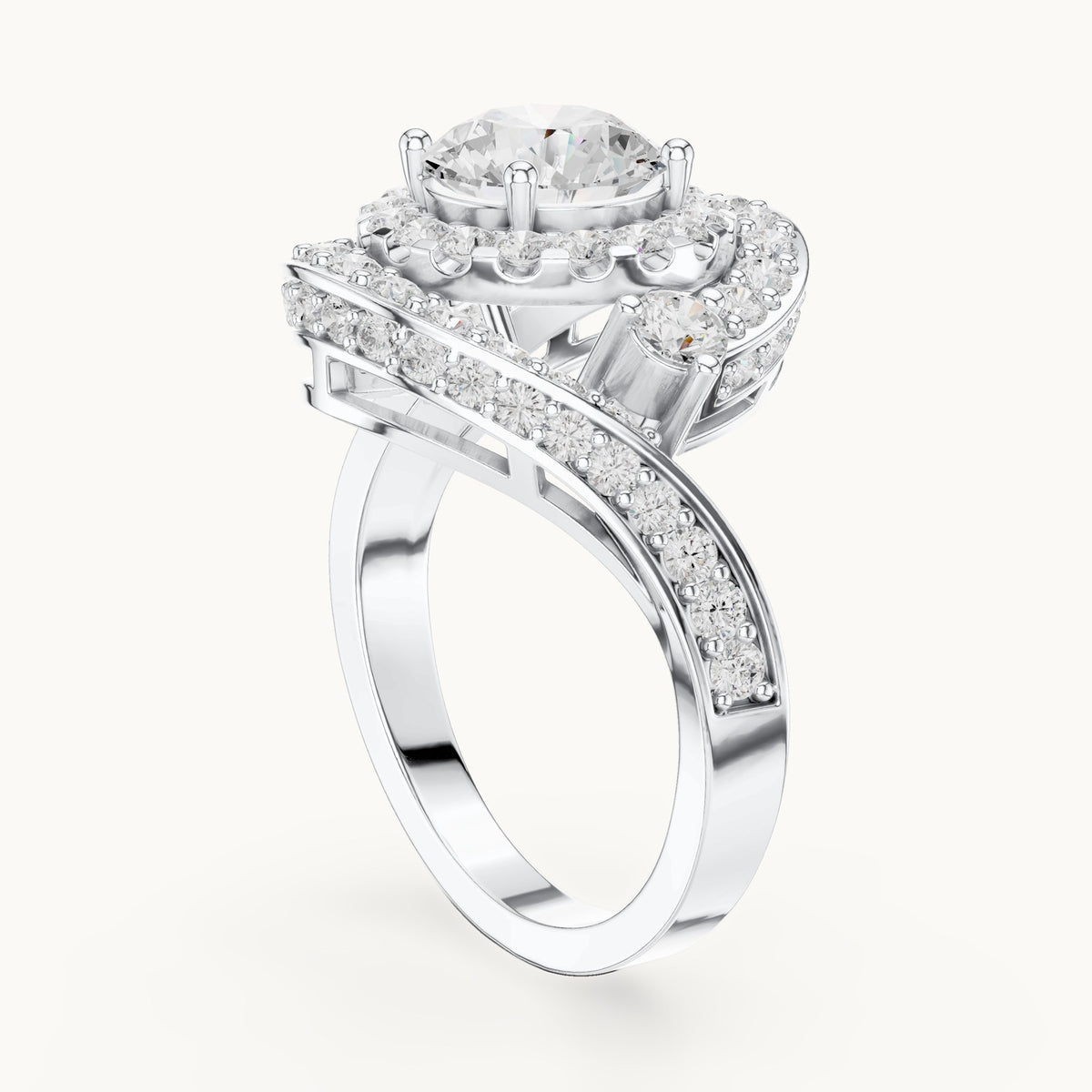 Round lab-grown diamond double halo bypass engagement ring in white gold, 2.85 CT TW, view 1