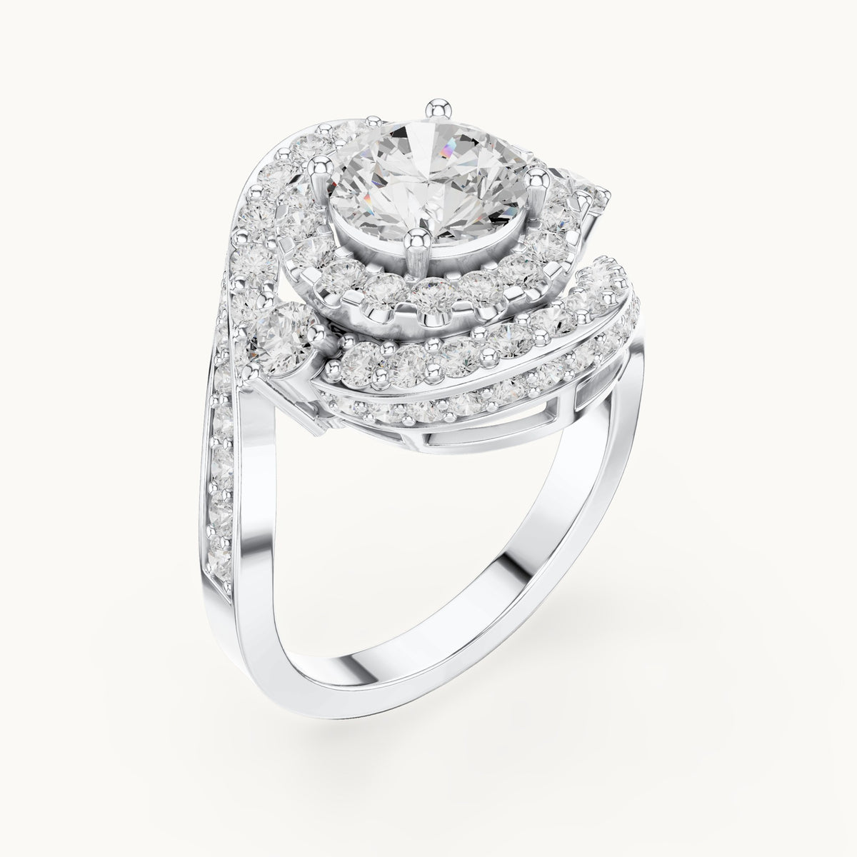 Round lab-grown diamond double halo bypass engagement ring in white gold, 2.85 CT TW, view 2