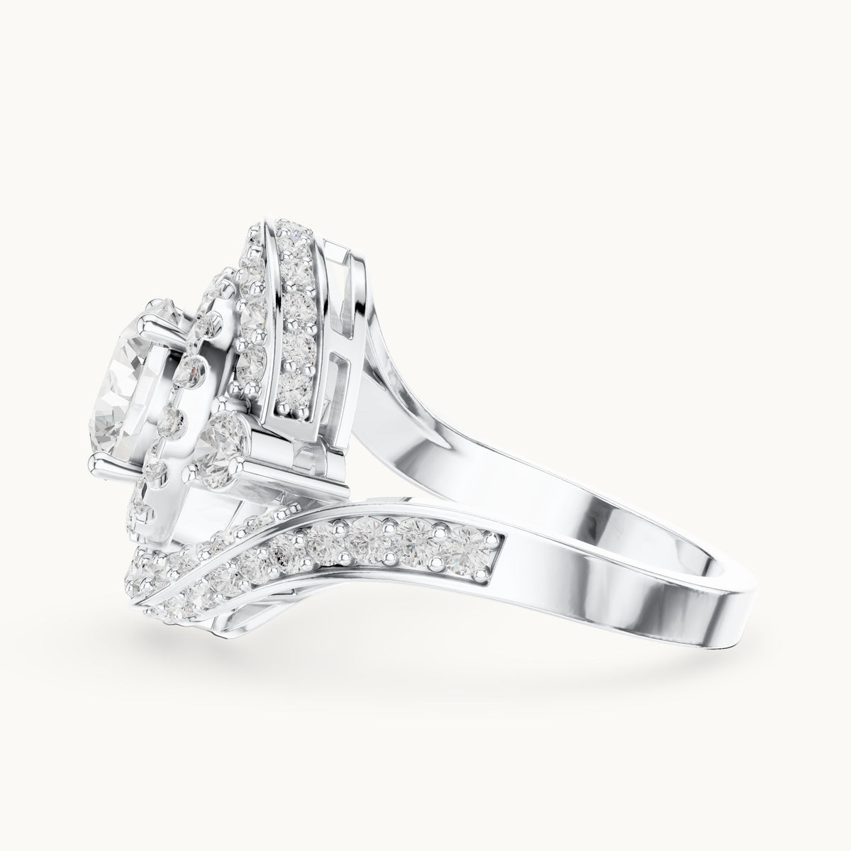 Round lab-grown diamond double halo bypass engagement ring in white gold, 2.85 CT TW, view 3