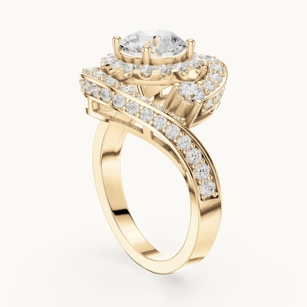 Round lab-grown diamond double halo bypass engagement ring in yellow gold, 2.85 CT TW, view 1