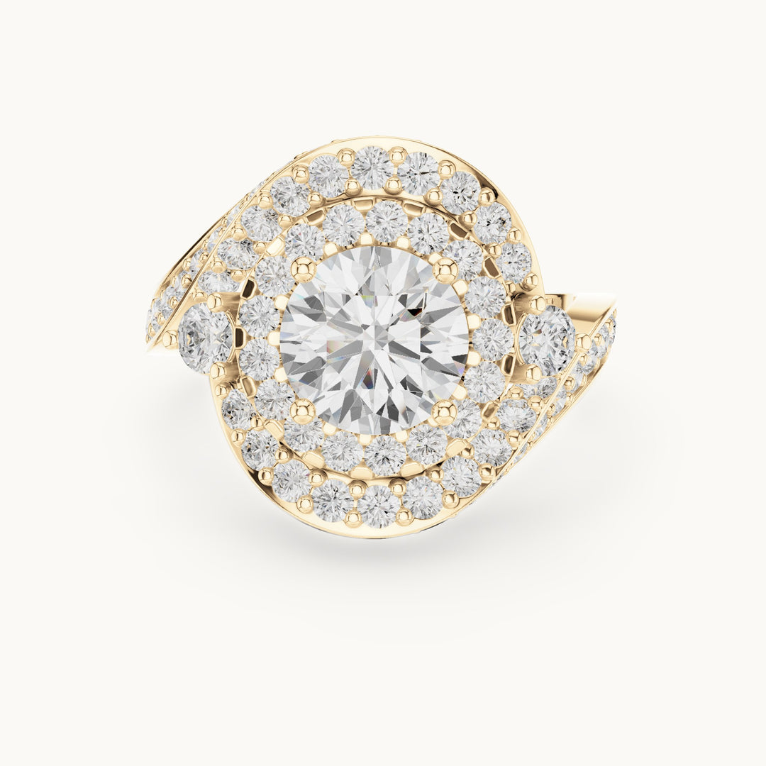 Round lab-grown diamond double halo bypass engagement ring in yellow gold, 2.85 CT TW, view 4