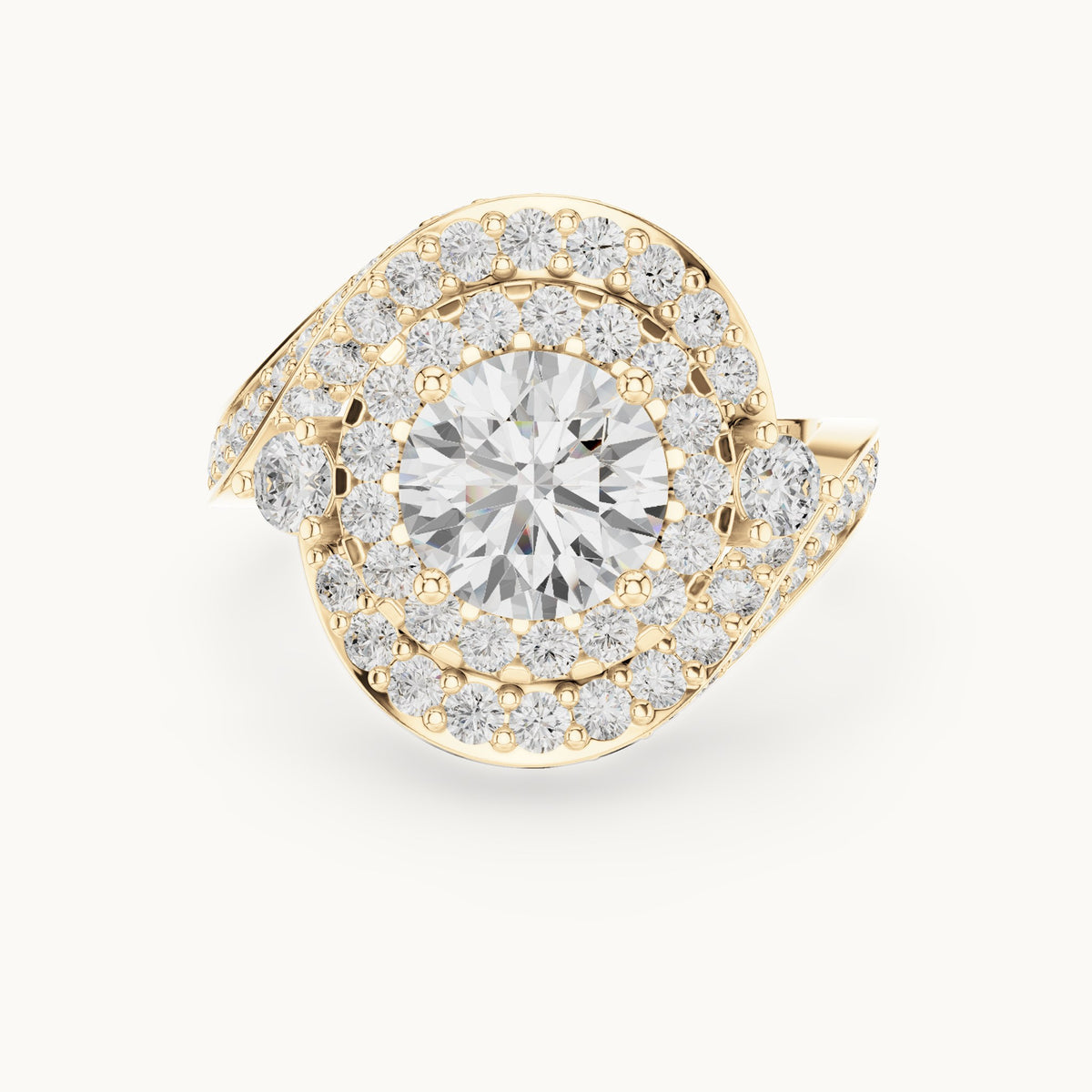 Round lab-grown diamond double halo bypass engagement ring in yellow gold, 2.85 CT TW, view 4