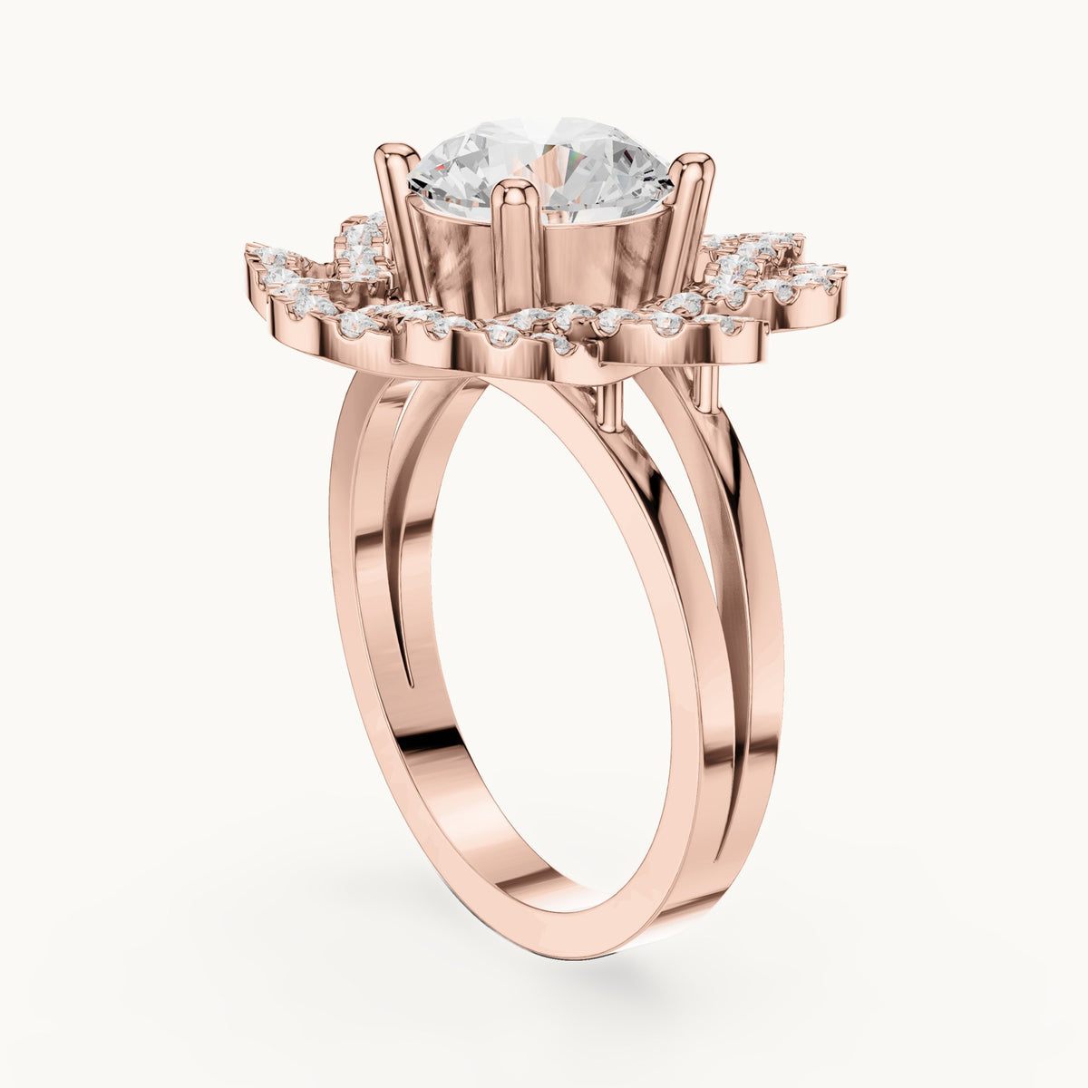Round lab-grown diamond floral openwork halo engagement ring in rose gold, 2.44 CT TW, view 1