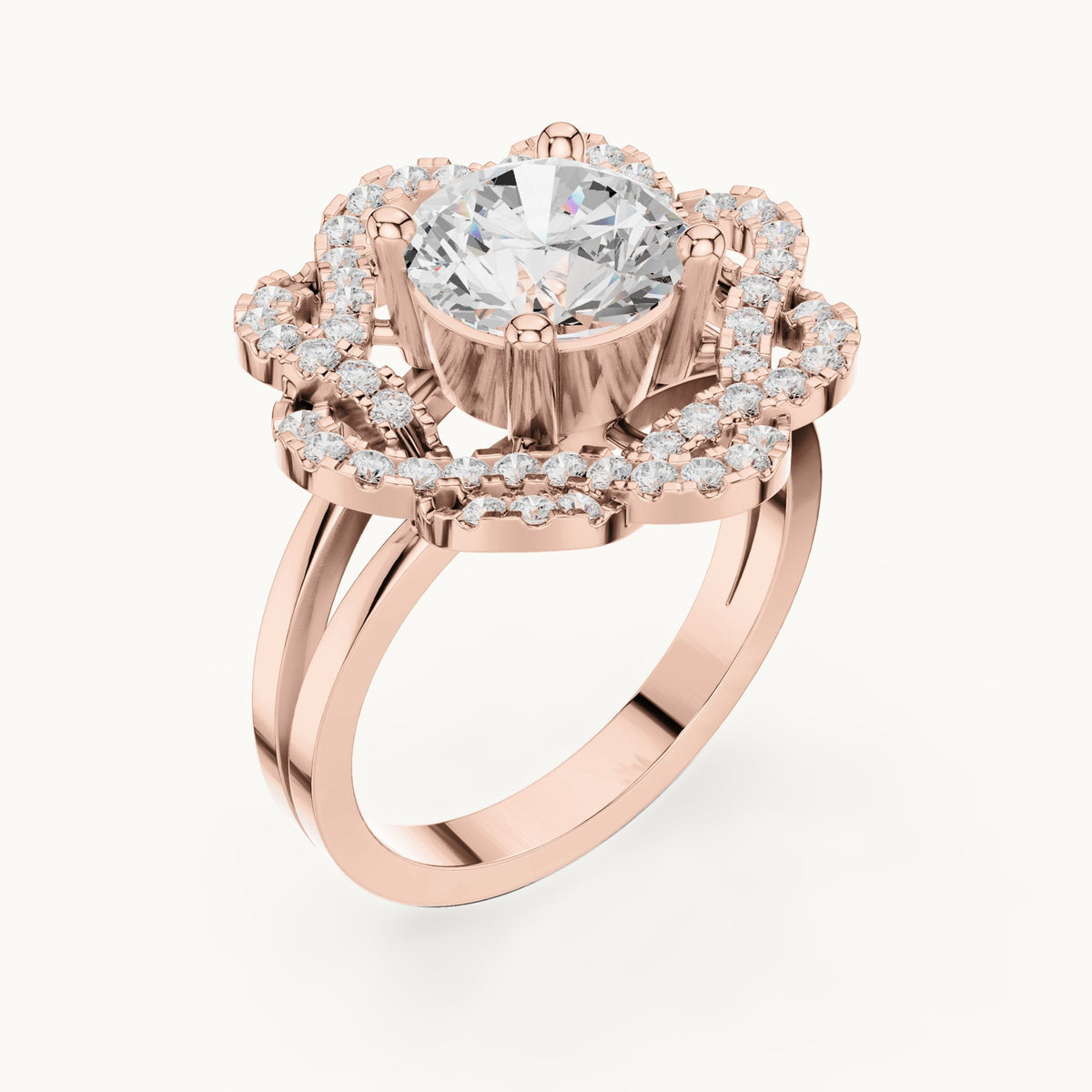 Round lab-grown diamond floral openwork halo engagement ring in rose gold, 2.44 CT TW, view 2