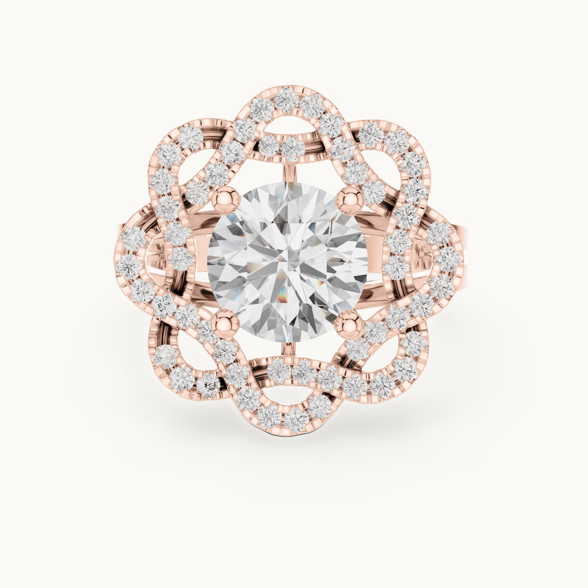 Round lab-grown diamond floral openwork halo engagement ring in rose gold, 2.44 CT TW, view 4