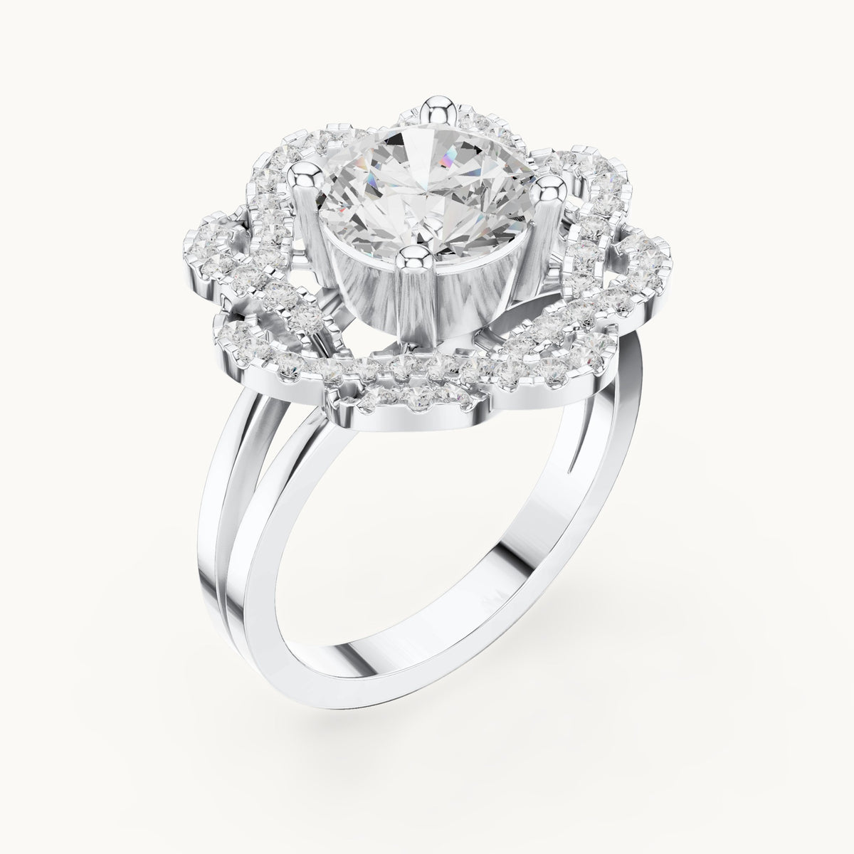 Round lab-grown diamond floral openwork halo engagement ring in white gold, 2.44 CT TW, view 2