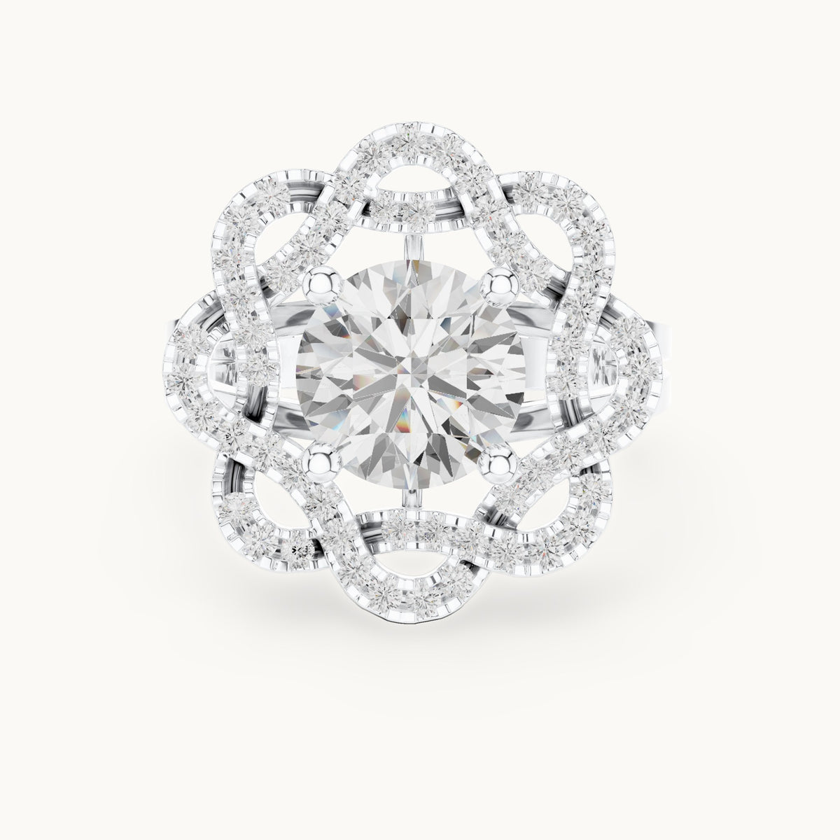 Round lab-grown diamond floral openwork halo engagement ring in white gold, 2.44 CT TW, view 4