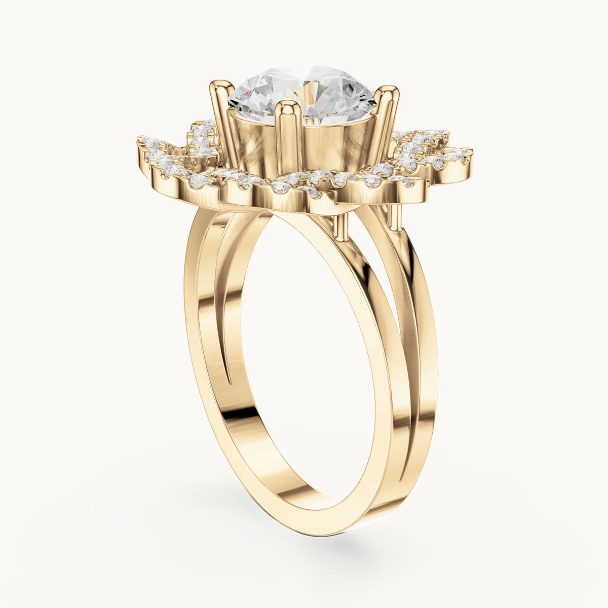 Round lab-grown diamond floral openwork halo engagement ring in yellow gold, 2.44 CT TW, view 1