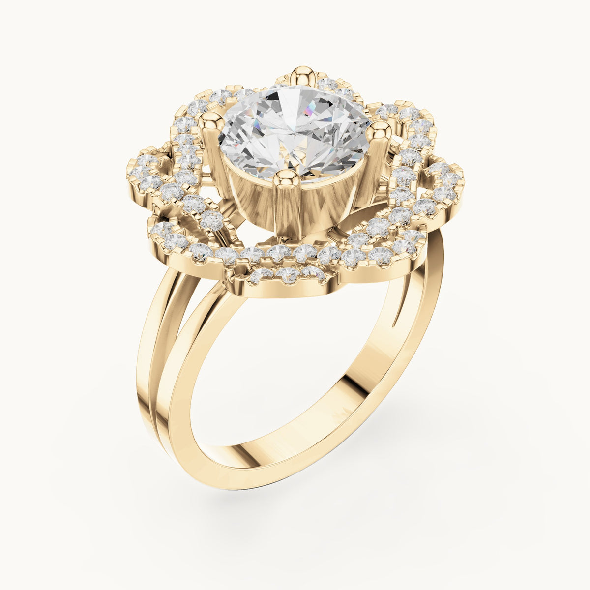 Round lab-grown diamond floral openwork halo engagement ring in yellow gold, 2.44 CT TW, view 2
