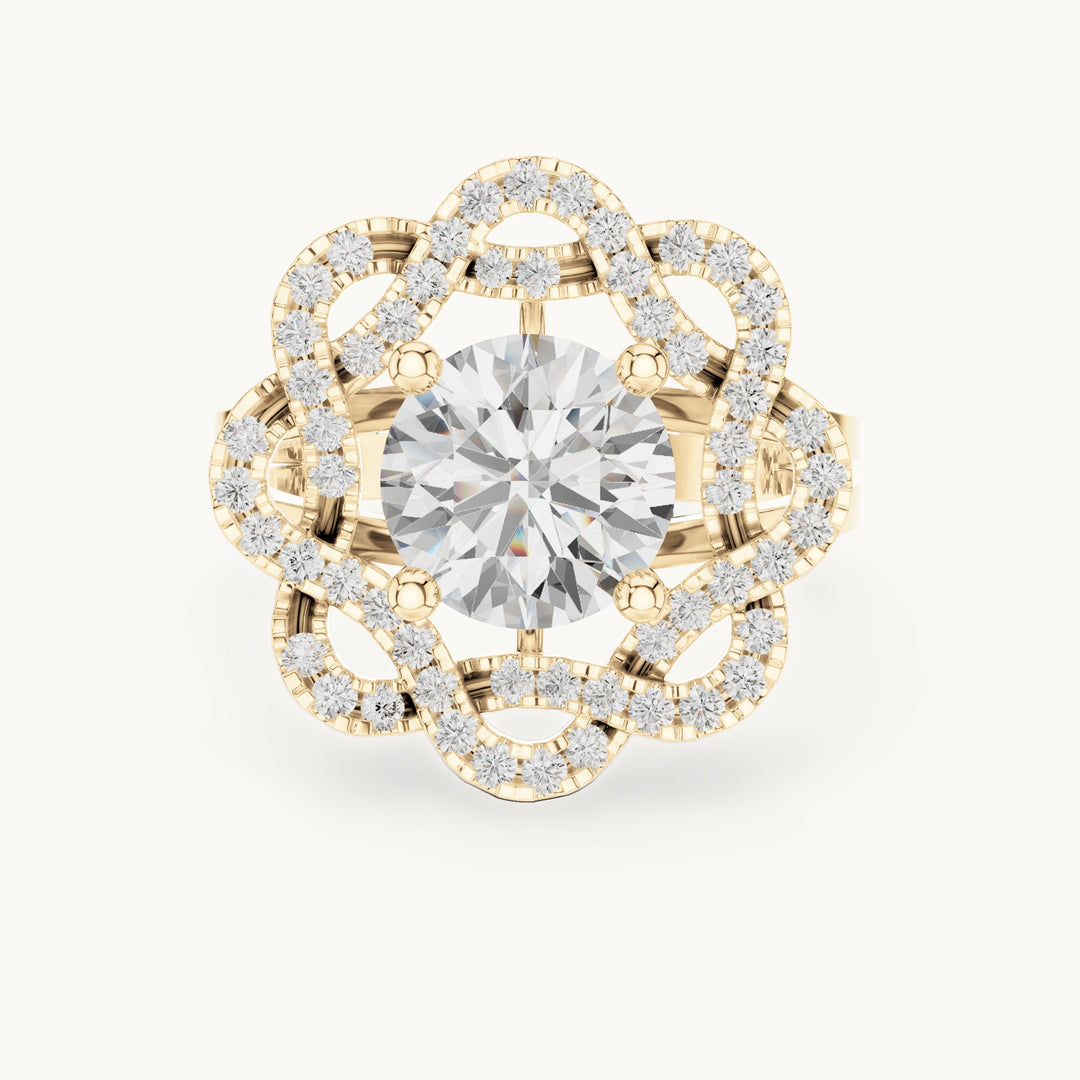 Round lab-grown diamond floral openwork halo engagement ring in yellow gold, 2.44 CT TW, view 4