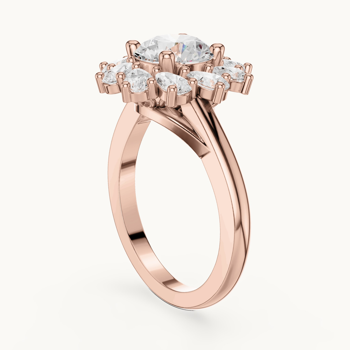 Round lab-grown diamond flower halo engagement ring in 14K rose gold, 2.43 CT TW, view 1