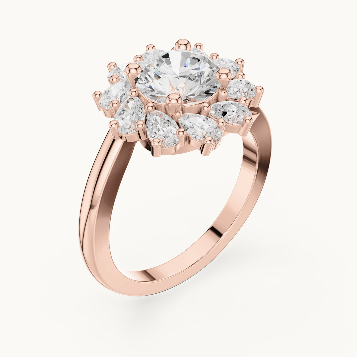 Round lab-grown diamond flower halo engagement ring in 14K rose gold, 2.43 CT TW, view 2