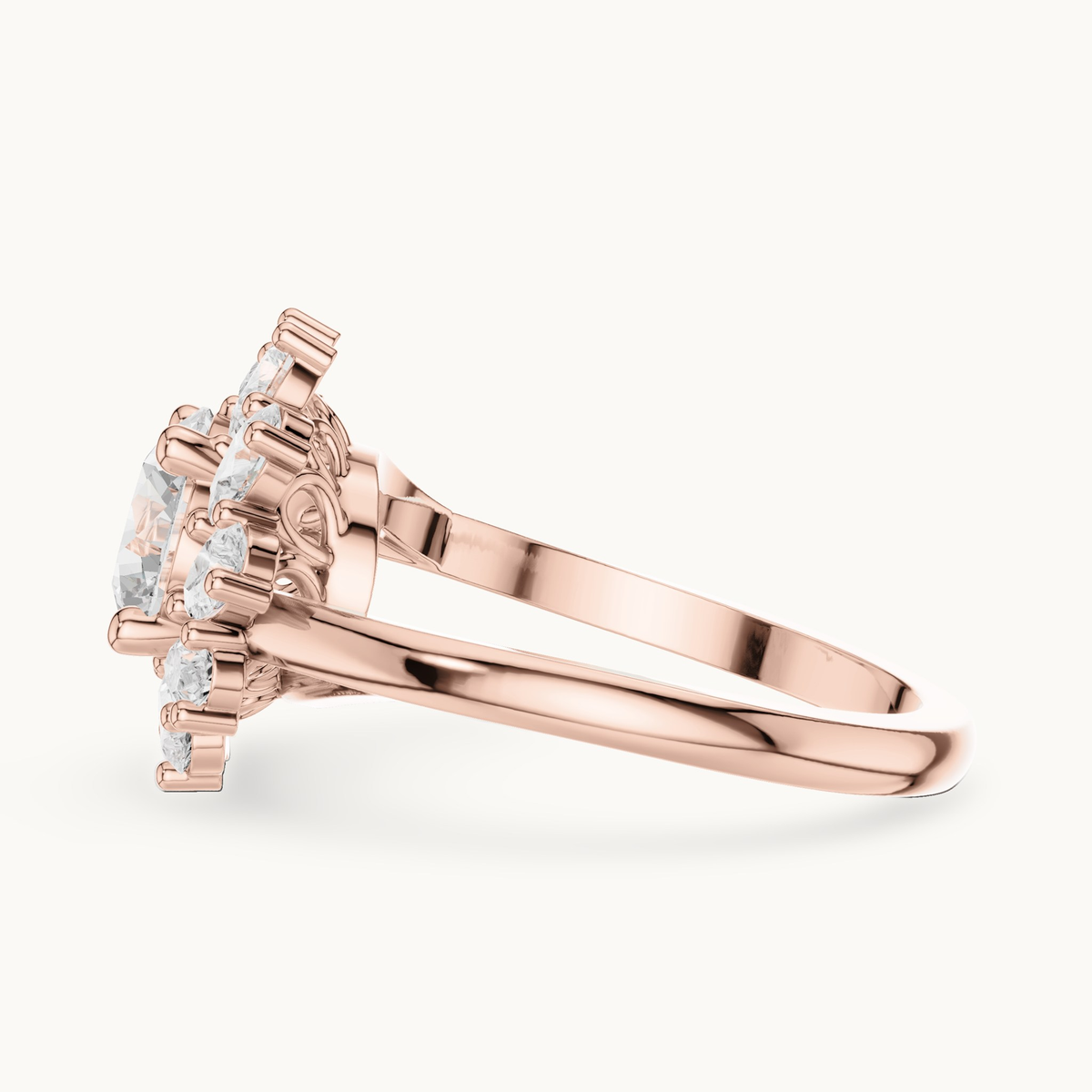 Round lab-grown diamond flower halo engagement ring in 14K rose gold, 2.43 CT TW, view 3