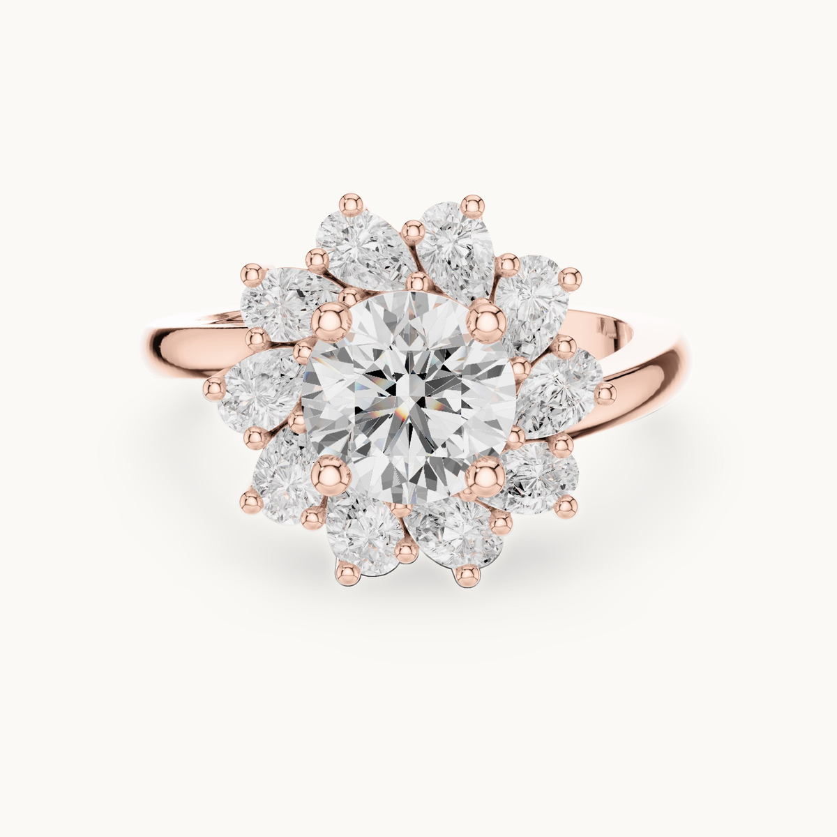 Round lab-grown diamond flower halo engagement ring in 14K rose gold, 2.43 CT TW, view 4