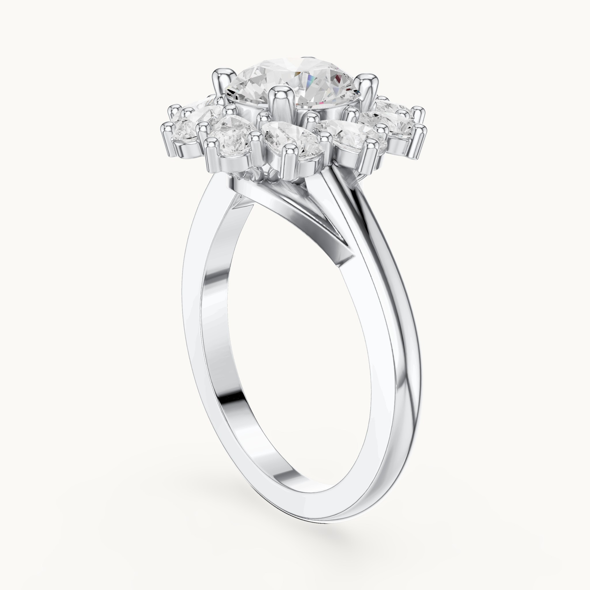 Round lab-grown diamond flower halo engagement ring in 14K white gold, 2.43 CT TW, view 1